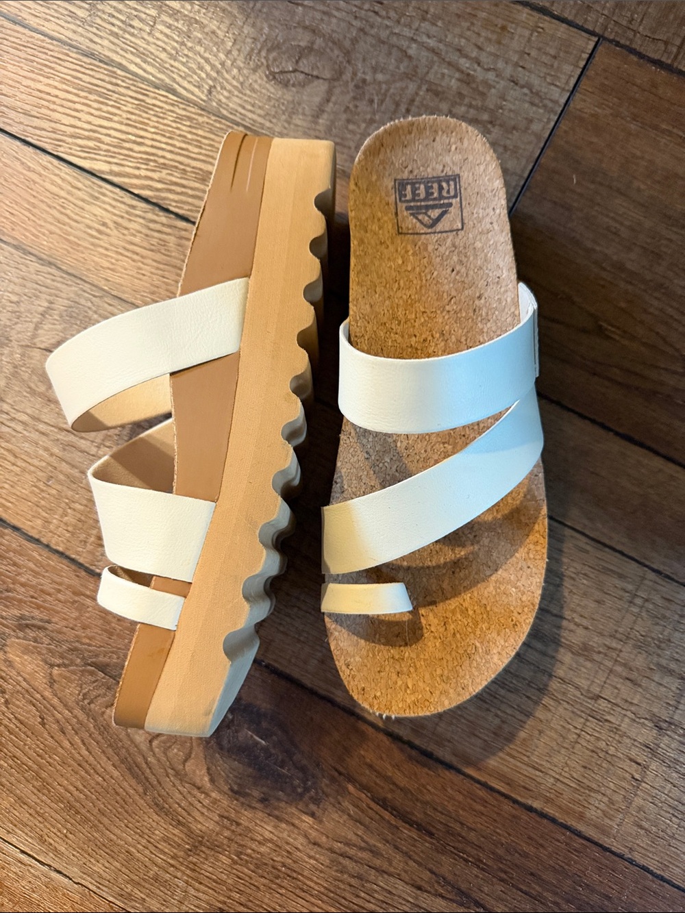 Reef White Triple-Strap Cork Wedge Sandals